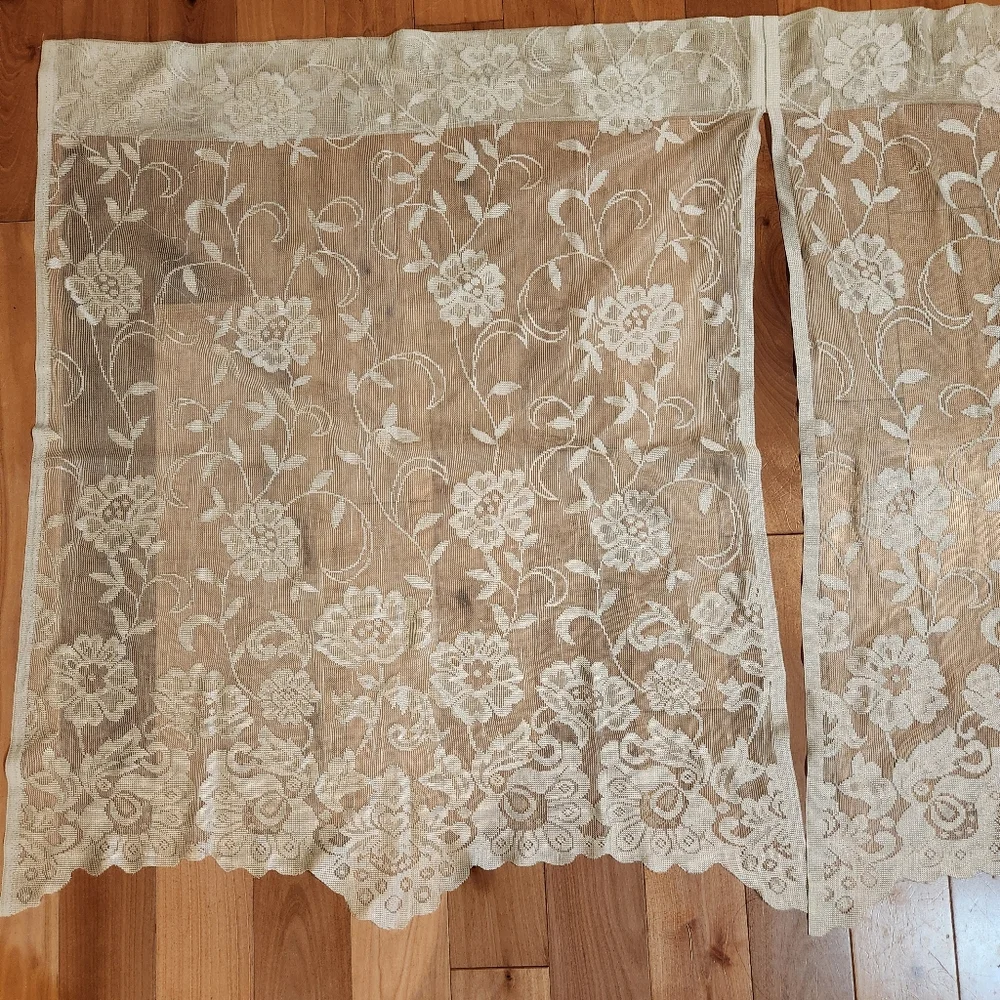 Vintage White Lace Curtain Panel Floral Sheer 57” x 34” Cottage Core. Set Of 3